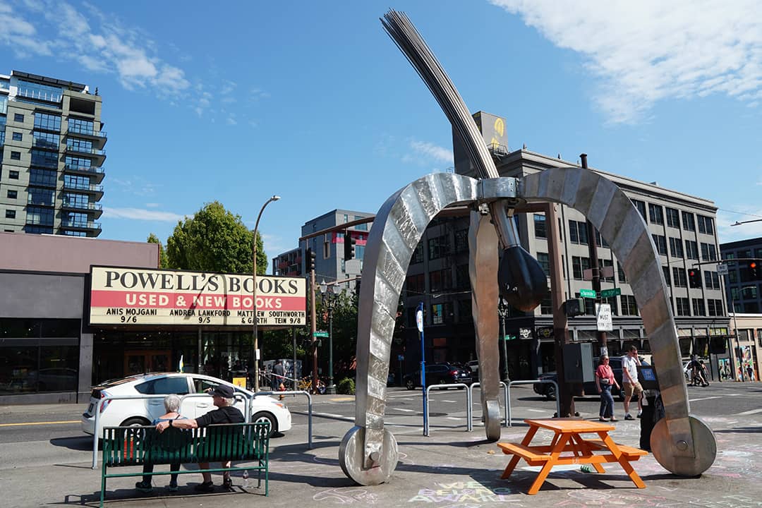 A view of the Pod modern sculpture seen in front of Powell's City of Books in Portland, Oregon, USA.
